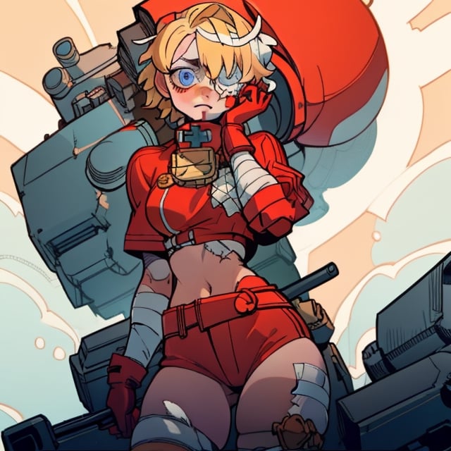 (Perfect body), Best Quality, ((Short Hair)), (blonde hair), blue eyes, eyepatch over left eye, face scars, body scars, ((thick thighs)),  good fingers,  good hands, best eyes, round pupil, female_solo, red gloves, bandages, mecha