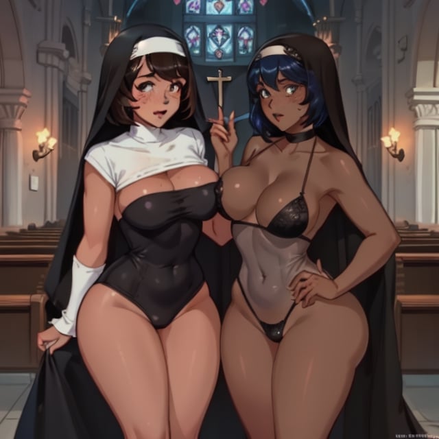 (Perfect body), Best Quality, (((blush))), (((Dark Skin))), (Short Hair),  ((thick thighs)),  shy, freckles,  black hair,  brown eyes,  cover,  good fingers,  good hands, best eyes, round pupil,veronica,ink,b1mb0, nun, church