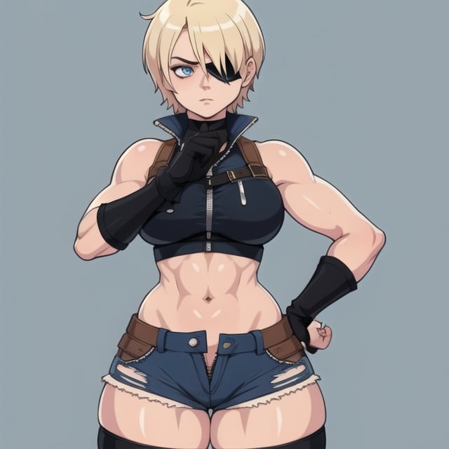 (Perfect body), Best Quality, ((Short Hair)), (blonde hair), blue eyes, face scars, ((body scars)), ((thick thighs)),  good fingers,  good hands, best eyes, round pupil, female_solo, ((tired)), glare, (((left eyepatch))), jean shorts, crop top, thigh highs, unzipped shorts, black gloves