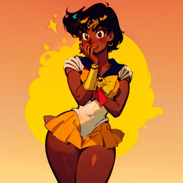 (Perfect body), Best Quality, (((Blush))), (((Dark Skin))), (Short Hair),  ((thick thighs)), shy, black hair,  brown eyes, freckles,  cover,  good fingers,  good hands, best eyes, round pupil, veronica, ,haruka, yellow sailor moon, yellow skirt