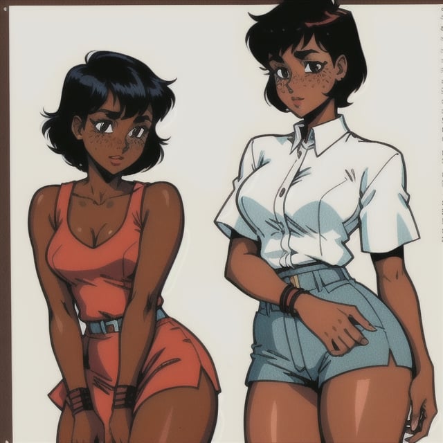 (Perfect body), Best Quality, (blush), pixie cut, (short hair), Dark Skin, ((thick thighs)), Tomboy, freckles, black hair, brown eyes, tan skin, veronica, cover, good fingers, good hands, five fingers, best eyes, round pupil, retro,veronica,1990s (style), african