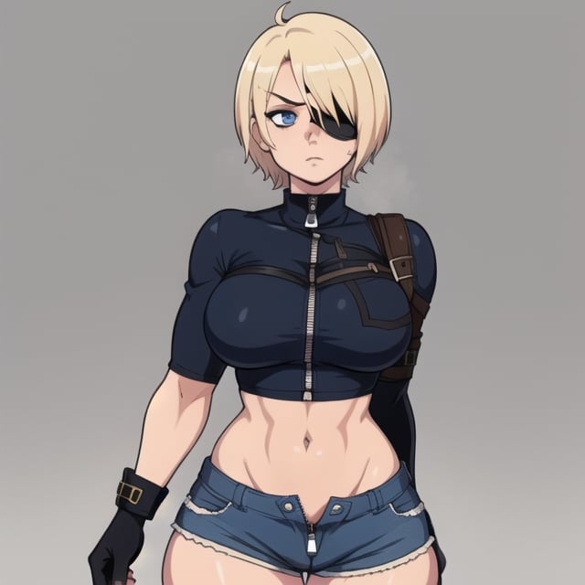 (Perfect body), Best Quality, ((Short Hair)), (blonde hair), blue eyes, face scars, ((body scars)), ((thick thighs)),  good fingers,  good hands, best eyes, round pupil, female_solo, ((tired)), glare, (((left eyepatch))), shy, jean shorts, crop top, thigh highs, unzipped shorts, black gloves