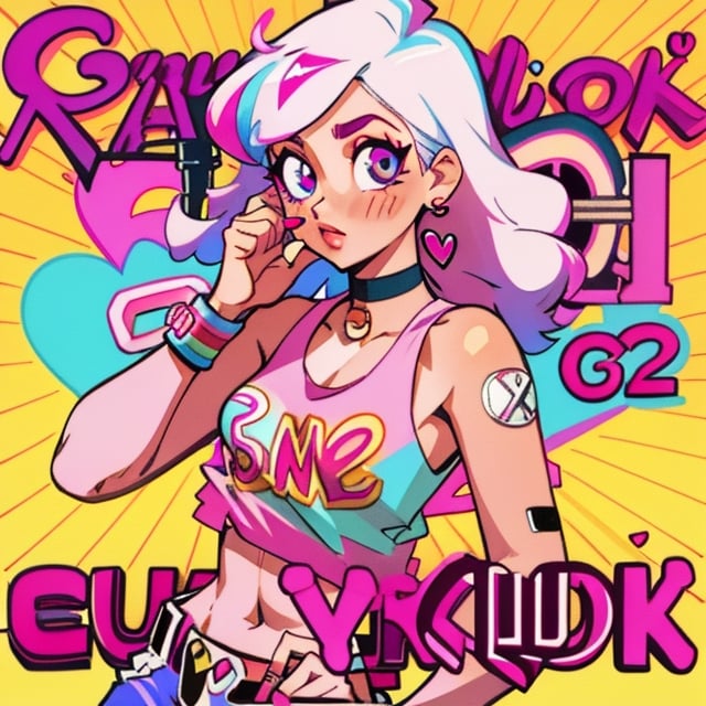 (Perfect body), Best Quality, (blush), (Fluffy Hair), light Skin, (skinny), flat chest, shy, white hair, bandaid, tomboy, magenta eyes, veronica, cover, good fingers, good hands, five fingers, best eyes, round pupil,veronica, heart earrings, heart tank top, shorts, shotgun, hotline miami, magenta hair streak