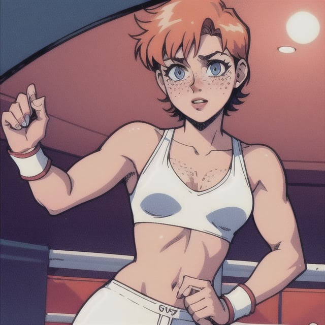 (Perfect body), Best Quality, (blush), (Short Hair), (Pixie Cut), Peach Skin, (skinny), flat chest, (freckles), Tomboy, strawberry blonde hair, blue eyes, veronica, cover, good fingers, good hands, five fingers, best eyes, round pupil,veronica,1990s (style), boxing ring, boxer