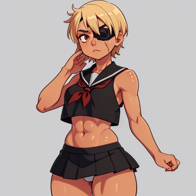 (Perfect body), Best Quality, ((Short Hair)), ((tan skin)), (blonde hair), asian, brown eyes, face scars, ((body scars)), ((thick thighs)),  good fingers,  good hands, best eyes, round pupil, female_solo, ((tired)), glare, (((left eyepatch))),  sukeban, black school uniform, black skirt