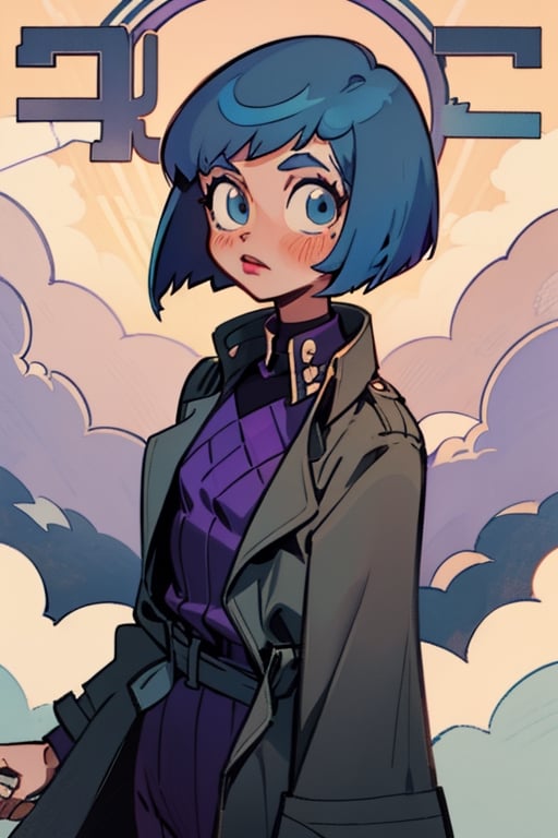 (Perfect body), Best Quality, (blush), (Bob cut), light Skin, (skinny), flat chest, ((light sky blue hair)), blue eyes, veronica, cover, good fingers, good hands, five fingers, best eyes, round pupil, veronica, noir, trench coat, purple wide brimmed hat, detective,veronica, 1920