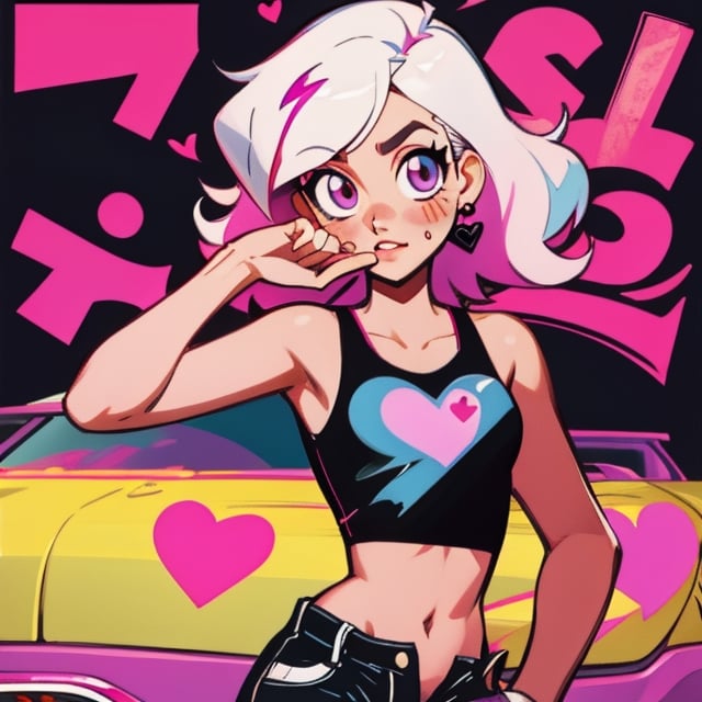 (Perfect body), Best Quality, (blush), (Fluffy Hair), light Skin, (skinny), flat chest, shy, white hair, bandaid, tomboy, magenta eyes, veronica, cover, good fingers, good hands, five fingers, best eyes, round pupil,veronica, heart earrings, black heart tank top, shorts, shotgun, hotline miami, magenta hair streak, pose, stare, street, car, graffiti