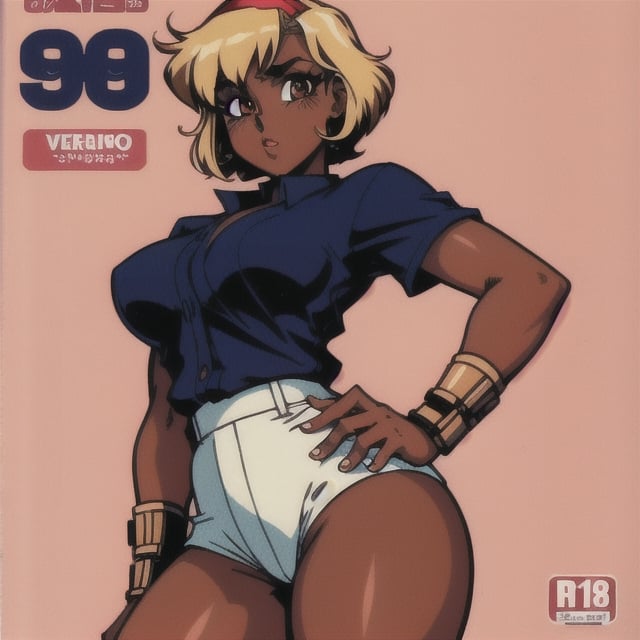 (Perfect body), Best Quality, (blush), pixie cut, (short hair), Dark Skin, gyaru, ((thick thighs)), Tomboy, blonde hair, brown eyes, tan skin, veronica, cover, good fingers, good hands, five fingers, best eyes, round pupil, retro,veronica,1990s (style), japanese archer