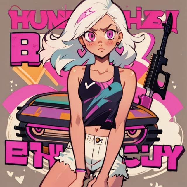 (Perfect body), Best Quality, (blush), (Fluffy Hair), light Skin, (skinny), flat chest, shy, white hair, bandaid, tomboy, magenta eyes, veronica, cover, good fingers, good hands, five fingers, best eyes, round pupil,veronica, heart earrings, tank top, shorts, short barrel shotgun, blank stare, hotline miami