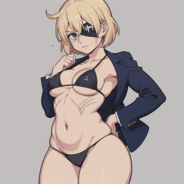 (Perfect body), Best Quality, ((Short Hair)), (blonde hair), blue eyes, face scars, ((body scars)), ((thick thighs)),  good fingers,  good hands, best eyes, round pupil, female_solo, ((tired)), glare, (((left eyepatch))), bikini, blazer