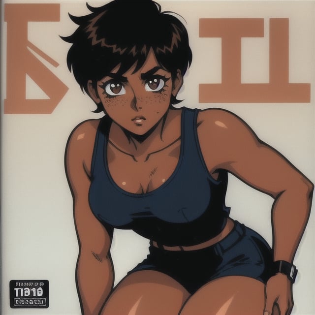 (Perfect body), Best Quality, (blush), pixie cut, (short hair), Dark Skin, ((thick thighs)), Tomboy, freckles, black hair, brown eyes, tan skin, veronica, cover, good fingers, good hands, five fingers, best eyes, round pupil, retro,veronica,1990s (style), god eater