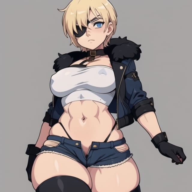 (Perfect body), Best Quality, ((Short Hair)), (blonde hair), blue eyes, face scars, ((body scars)), ((thick thighs)),  good fingers,  good hands, best eyes, round pupil, female_solo, ((tired)), glare, (((left eyepatch))), jean shorts, crop top, thigh highs, unzipped shorts, black gloves, fur jacket