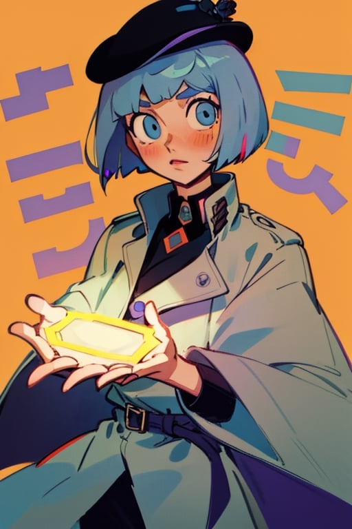 (Perfect body), Best Quality, (blush), (Bob cut), light Skin, (skinny), flat chest, ((light blue hair)), blue eyes, veronica, cover, good fingers, good hands, five fingers, best eyes, round pupil, veronica, noir, trench coat, purple wide brimmed hat