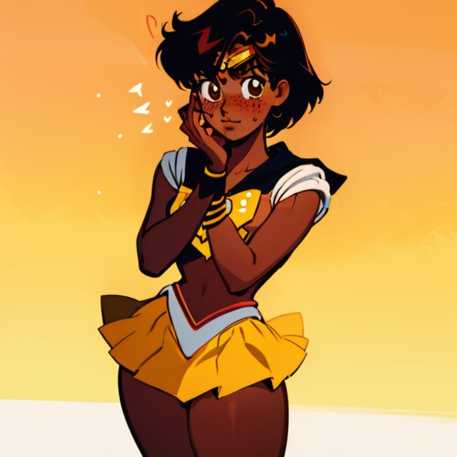 (Perfect body), Best Quality, (((Blush))), (((Dark Skin))), (Short Hair),  ((thick thighs)), shy, black hair,  brown eyes, freckles,  cover,  good fingers,  good hands, best eyes, round pupil, veronica, ,haruka, yellow sailor moon, yellow skirt