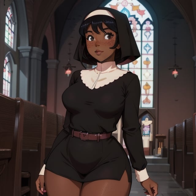 (Perfect body), Best Quality, (((blush))), (((Dark Skin))), (Short Hair),  ((thick thighs)),  shy, freckles,  black hair,  brown eyes,  cover,  good fingers,  good hands, best eyes, round pupil,veronica,ink,b1mb0, nun, church