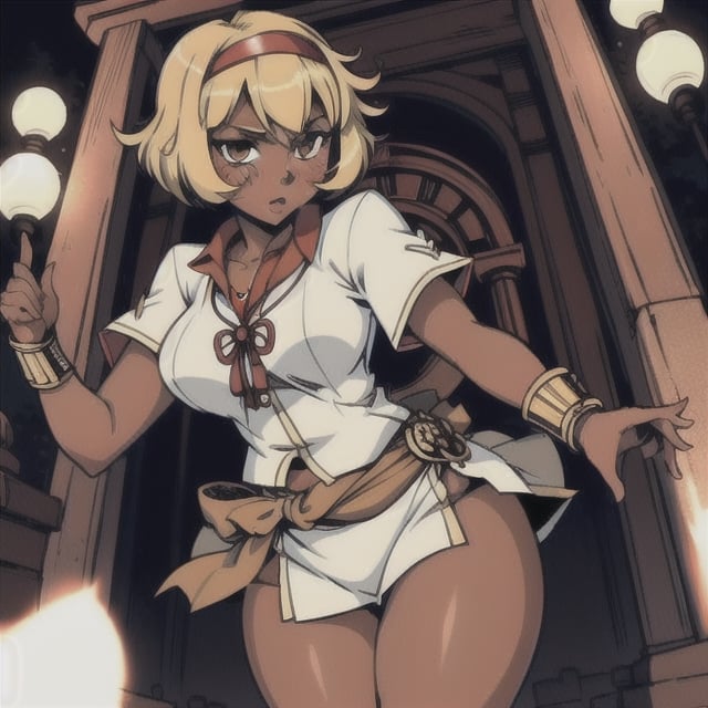 (Perfect body), Best Quality, (blush), pixie cut, (short hair), Dark Skin, gyaru, ((thick thighs)), Tomboy, blonde hair, brown eyes, tan skin, veronica, cover, good fingers, good hands, five fingers, best eyes, round pupil, shrine maiden, musket