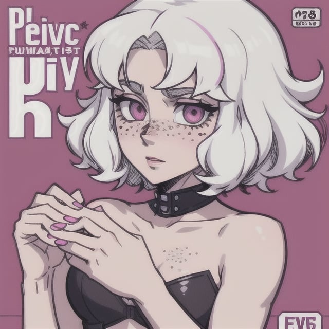 (Perfect body), Best Quality, (blush), (Fluffy Hair), Pale Skin, (skinny), flat chest, (freckles), Tomboy, white hair, magenta eyes, veronica, cover, good fingers, good hands, five fingers, best eyes, round pupil,veronica, punk