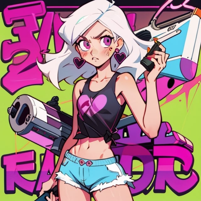 (Perfect body), Best Quality, (blush), (Fluffy Hair), light Skin, (skinny), flat chest, shy, white hair, bandaid, tomboy, magenta eyes, veronica, cover, good fingers, good hands, five fingers, best eyes, round pupil,veronica, heart earrings, tank top, shorts, Sawed Off Shotgun, blank stare, hotline miami,