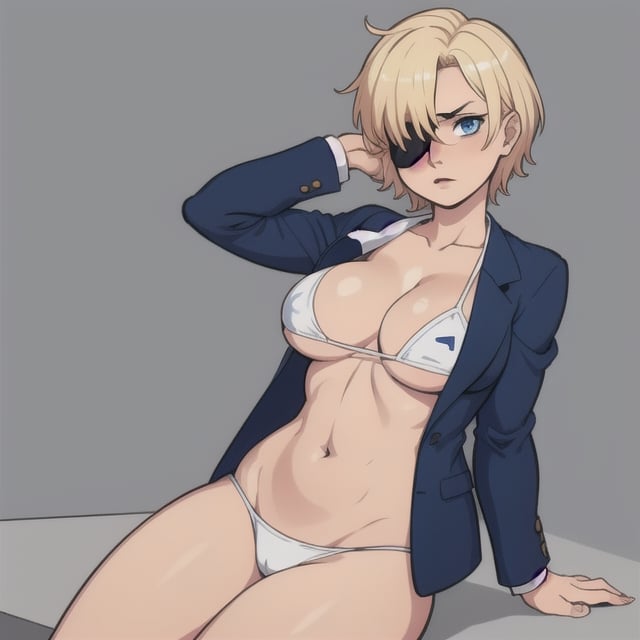 (Perfect body), Best Quality, ((Short Hair)), (blonde hair), blue eyes, face scars, ((body scars)), ((thick thighs)),  good fingers,  good hands, best eyes, round pupil, female_solo, ((tired)), glare, (((left eyepatch))), bikini, blazer, sisters