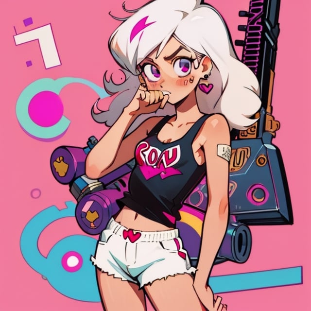 (Perfect body), Best Quality, (blush), (Fluffy Hair), light Skin, (skinny), flat chest, shy, white hair, bandaid, tomboy, magenta eyes, veronica, cover, good fingers, good hands, five fingers, best eyes, round pupil,veronica, heart earrings, tank top, shorts, short barrel shotgun, blank stare, hotline miami