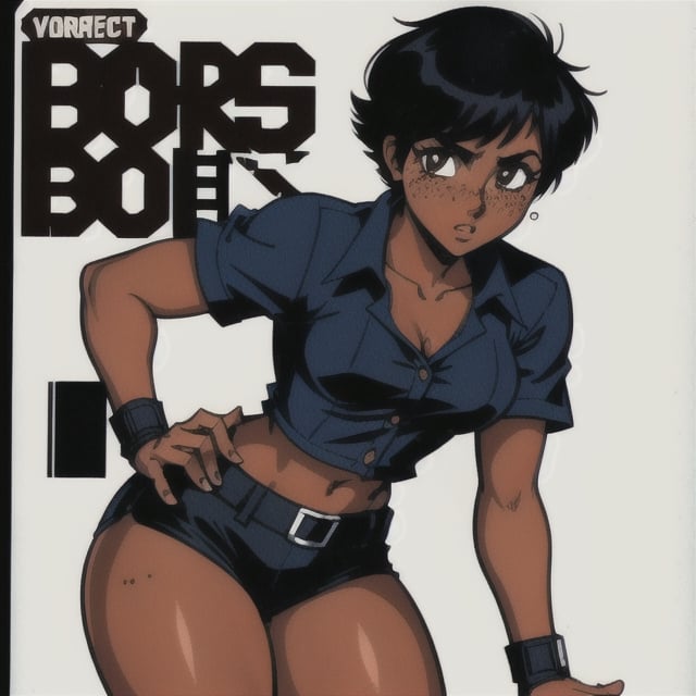 (Perfect body), Best Quality, (blush), pixie cut, (short hair), Dark Skin, ((thick thighs)), Tomboy, freckles, black hair, brown eyes, tan skin, veronica, cover, good fingers, good hands, five fingers, best eyes, round pupil, retro,veronica,1990s (style), god eater