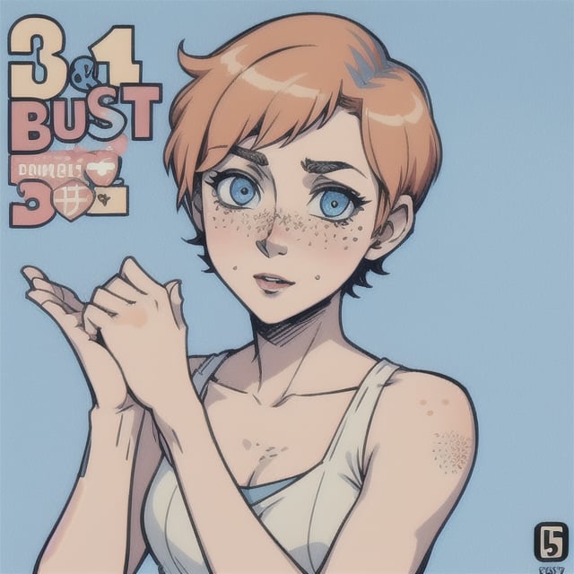 (Perfect body), Best Quality, (blush), (Short Hair), (Pixie Cut), Peach Skin, (skinny), flat chest, (freckles), Tomboy, strawberry blonde hair, blue eyes, veronica, cover, good fingers, good hands, five fingers, best eyes, round pupil,veronica, punk rock