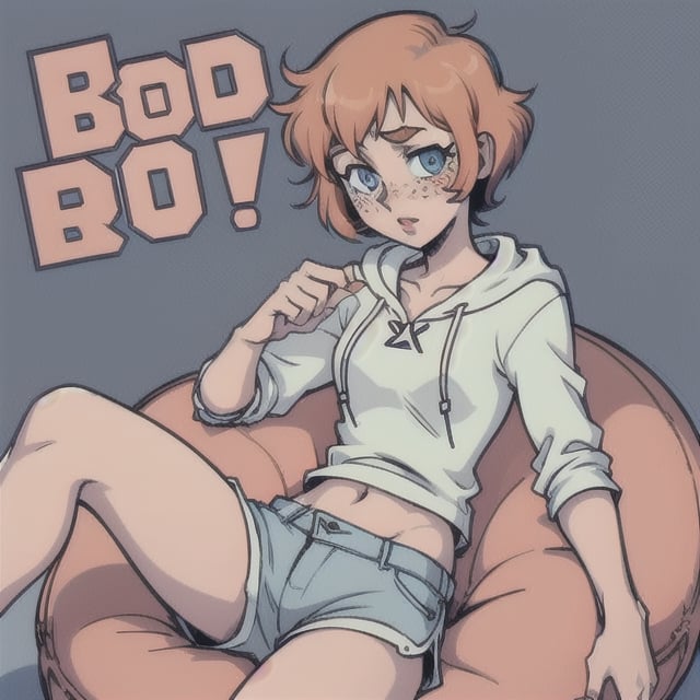 (Perfect body), Best Quality, (blush), (Short Hair), (Pixie Cut), Peach Skin, (skinny), flat chest, (freckles), Tomboy, strawberry blonde hair, blue eyes, veronica, cover, good fingers, good hands, five fingers, best eyes, round pupil,veronica, sitting, bean bag chair, hoodie, shorts