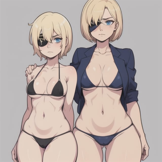 (Perfect body), Best Quality, ((Short Hair)), (blonde hair), blue eyes, face scars, ((body scars)), ((thick thighs)),  good fingers,  good hands, best eyes, round pupil, female_solo, ((tired)), glare, (((left eyepatch))), bikini, blazer