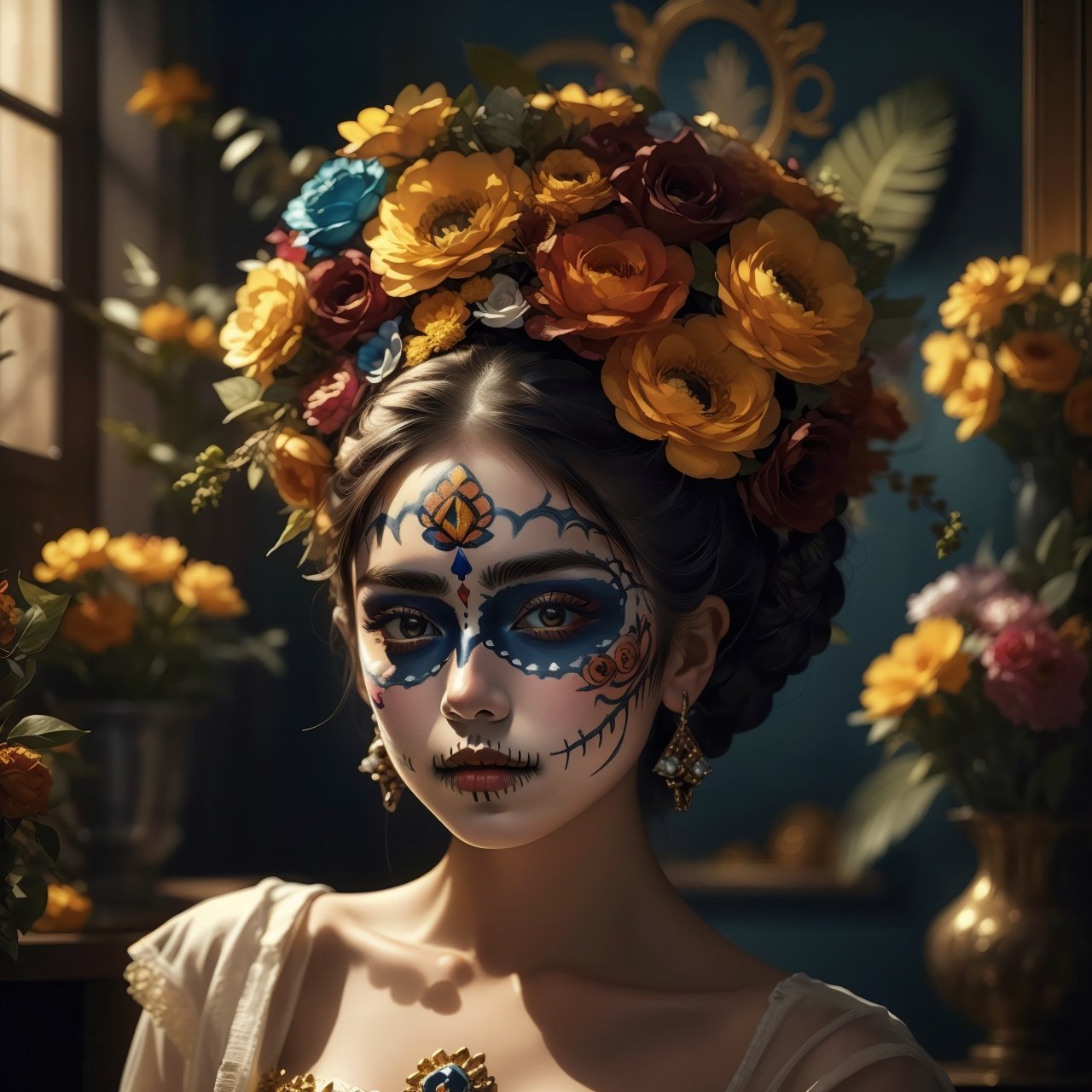 Crea un retrato de Frida Kahlo con maquillaje de catrina para el Día de muertos, colores vivantres, elementos naturalistas, óleo sobre lienzo, (masterpiece, best quality:1.5),leonardo,xyzgg style