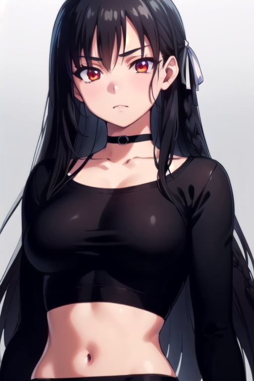 Suzune Horikita, long hair, black hair, (red eyes:1.3), hair ribbon, braid, BREAK , best quality, high resolution, unity 8k wallpaper, (beautiful detailed eyes:1.6), extremely detailed face, perfect lighting, extremely detailed CG, (perfect hands, perfect anatomy), busty, 
