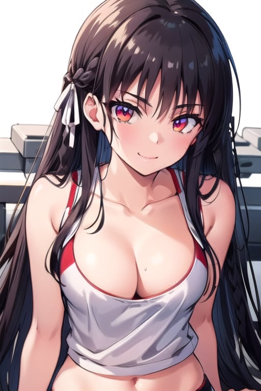 Suzune Horikita, long hair, black hair, (red eyes:1.3), hair ribbon, braid, BREAK , best quality, high resolution, unity 8k wallpaper, (beautiful detailed eyes:1.6), extremely detailed face, perfect lighting, extremely detailed CG, (perfect hands, perfect anatomy), busty, gym, smile



