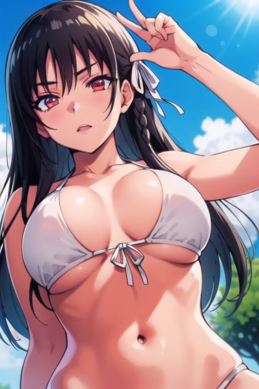 Suzune Horikita, long hair, black hair, (red eyes:1.3), hair ribbon, braid, BREAK , best quality, high resolution, unity 8k wallpaper, (beautiful detailed eyes:1.6), extremely detailed face, perfect lighting, extremely detailed CG, (perfect hands, perfect anatomy), busty, bikini,



