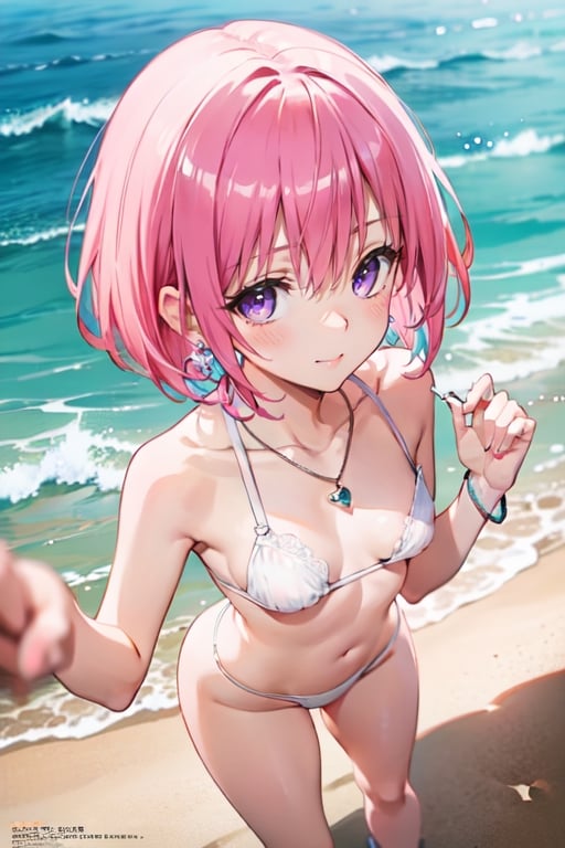 best quality, masterpiece, (realistic:1.2), 1 girl, detailed face, beautiful eyes, (She is wearing a white bikini and having fun on the beach). She looks very happy playing on the beach. She accessorized with a medium, silver bracelet on her wrist. While playing, the girl was drawn in by the colorful and glittering scenery of the sea. She is wearing cute heart-shaped earrings and a matching necklace and smiling in the bright sun, (extremely detailed nipple), (spoken heart), (upturned eyes),((pov, from front, from above:1.3)), ( looking through legs){{{{8k wallpaper}}}},
{{{{extremely detailed eyes}}}},
{{{{extremely detailed body}}}},
{{{{extremely detailed finger}}}},(((nsfw))), (((best quality))), ((official art)), (best anatomy), solo, 1girl, (kawaii), (five digits), (speculum), (4k), (high resolution), ((thin waist)),(nabel),(Beautiful breasts),(beautiful leg:1.3),(skinny leg),(beautiful hands:1.2),(teats),(very slim),(slender:1.3),(ribbed),(skinny limbs),(beautiful vagina:1.3),(beautidful eyes:1.1), (((Beautiful face:1.3))),(best quality:1.1), (masterpiece:1.4), (absurdres:1.0), portrait, close up,1girl, bob cut, medium hair ,pink hair, bob cut,purple eyes, ((((medium breasts)))), (blush:1.2), ((small hip)), medium hair, pink hair, disheveled hair,afterglow, (20 years old), be breathless,on bed,shamefaced, embarrassed, half-closed eye, looking away,