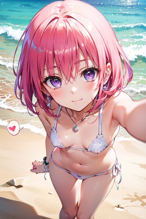 best quality, masterpiece, (realistic:1.2), 1 girl, detailed face, beautiful eyes, (She is wearing a white bikini and having fun on the beach). She looks very happy playing on the beach. She accessorized with a medium, silver bracelet on her wrist. While playing, the girl was drawn in by the colorful and glittering scenery of the sea. She is wearing cute heart-shaped earrings and a matching necklace and smiling in the bright sun, (extremely detailed nipple), (spoken heart), (upturned eyes),((pov, from front, from above:1.3)), ( looking through legs){{{{8k wallpaper}}}},
{{{{extremely detailed eyes}}}},
{{{{extremely detailed body}}}},
{{{{extremely detailed finger}}}},(((nsfw))), (((best quality))), ((official art)), (best anatomy), solo, 1girl, (kawaii), (five digits), (speculum), (4k), (high resolution), ((thin waist)),(nabel),(Beautiful breasts),(beautiful leg:1.3),(skinny leg),(beautiful hands:1.2),(teats),(very slim),(slender:1.3),(ribbed),(skinny limbs),(beautiful vagina:1.3),(beautidful eyes:1.1), (((Beautiful face:1.3))),(best quality:1.1), (masterpiece:1.4), (absurdres:1.0), portrait, close up,1girl, bob cut, medium hair ,pink hair, bob cut,purple eyes, ((((medium breasts)))), (blush:1.2), ((small hip)), medium hair, pink hair, disheveled hair,afterglow, (20 years old), be breathless,on bed,shamefaced, embarrassed, half-closed eye, looking away,