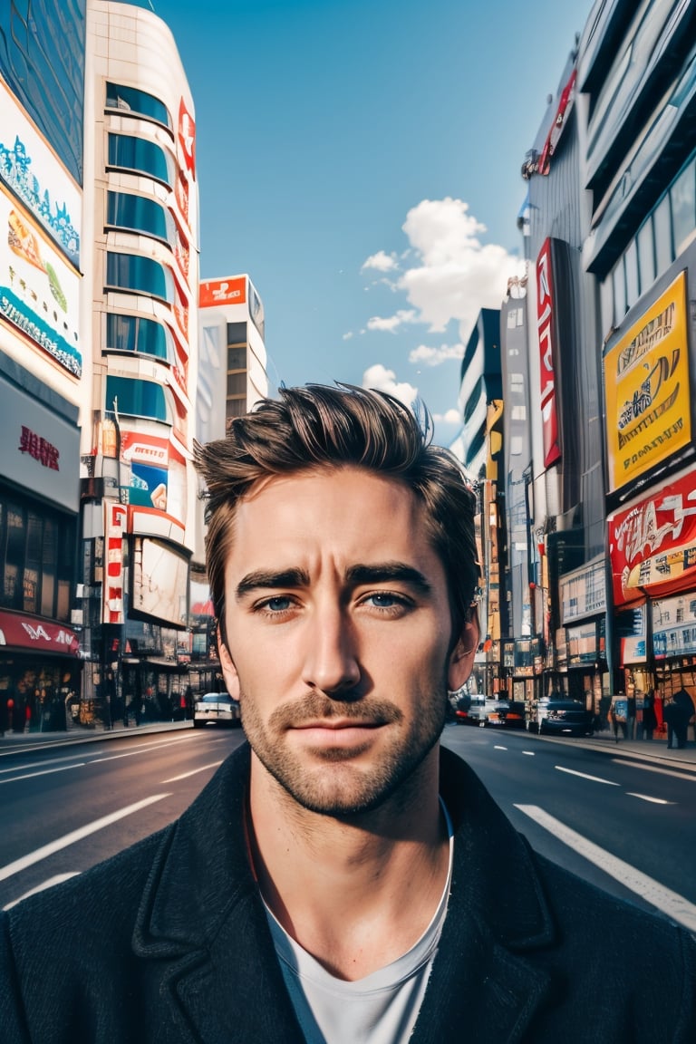 realistic, detailed, best quality, masterpiece, 1 boy, RAW portrait of a Lee Pace posing for a photo in the middle of a city street, city, centered, facing viewers, day, day time, blue sky, clouds, natural lighting, festive atmosphere, intricate details, detailed background, signs, lights, billboards, Osaka, Tokyo, Japan