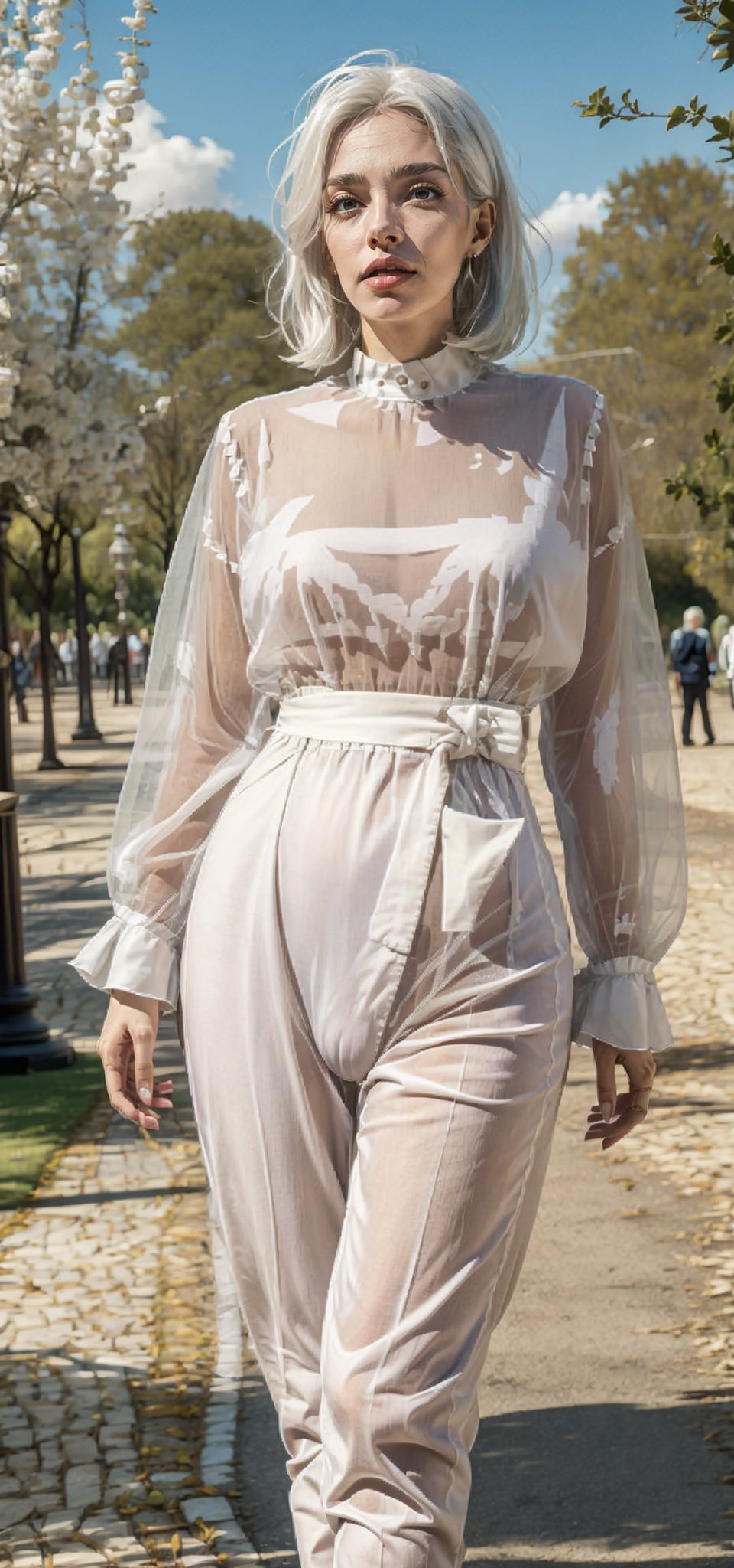Girl in a Svitore and in Trousers with white hair, In the park,1 girl,Dress,penis_sheath,VPL,transparent