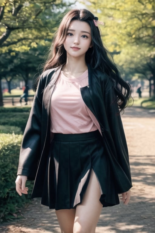 {{masterpiece}}, Nezuko Kamado (Kimetsu No Yaiba anime), detailed face, 1 beautiful girl, 21 years old, walking in the park, long black hair, pink eyeballs, pink eyes, black hair, big and beautiful breasts, firm breasts, slim body, hands behind her back, pink T-shirt, long black skirt, thin cheeks, smile, perfect anatomy, perfect body, background in the park, Sakura tree, crowded atmosphere, morning, half body camera shot, 3D, CGI, highly detailed, isometric, excellent lighting, best quality, realistic, cinematic, smooth, photorealistic, hyper realistic, 8k high resolution, epic, highly detailed.