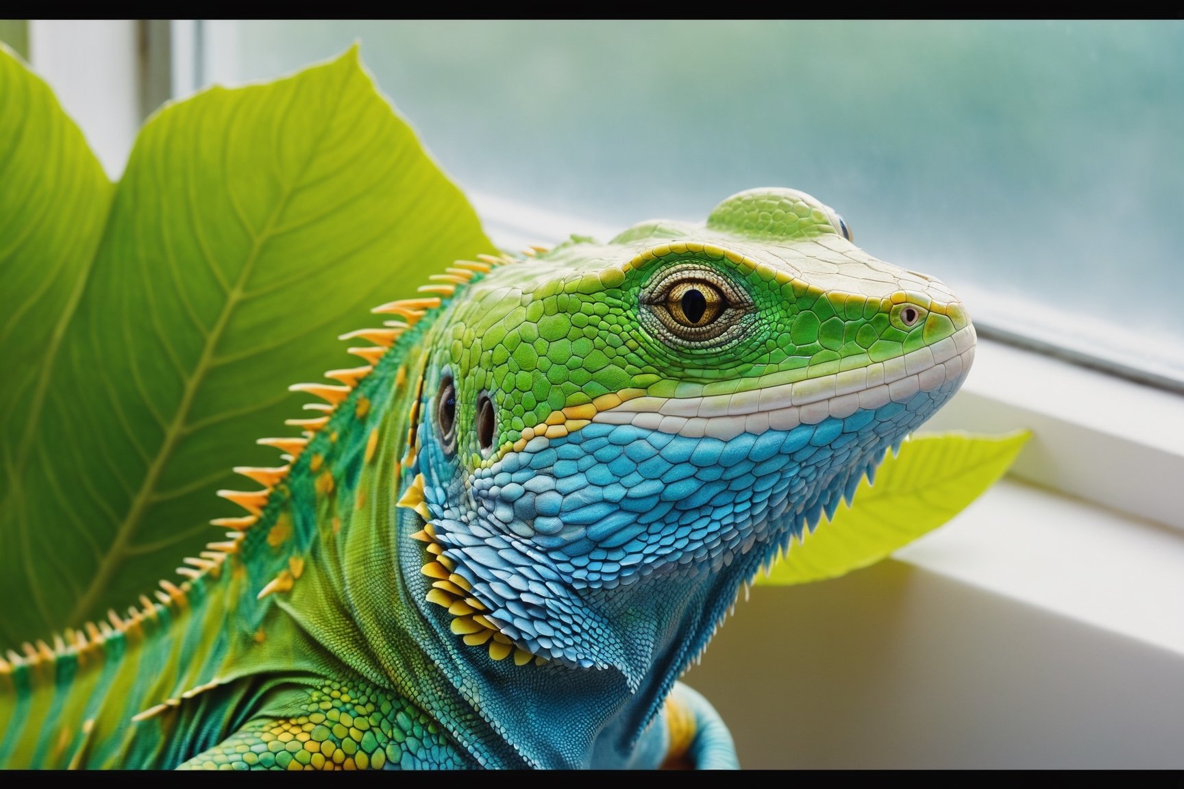 close-up of a lizard sitting on a window sill, cool green leaves, blooming flowers, fantasy, big details, bright yellow, pastel blue, pastel pink, ocean blue turquoise, bright orange, green, white dominant color palette, Acrylic, Photo, HD, 4k, Sharpness, Realistic, Ultra Wide, Wide Angle, Cinematic, Ambient Light, Bright Border, Edge Emphasis, Contrast, High Resolution, High Contrast, High Detail, High Texture, Surreal High Quality Model, Ultra High Quality, Golden proportions, pseudo detail, pixiv fan box trend, acrylic palette knife, studio style makoto shinkai ghibli genshin impact james gilead greg rutkowski chiho aoshima, watercolor, artstation trend, sharp focus, studio photography, intricate details, ultra detail, Posted by ChiliKiri, Mysterious