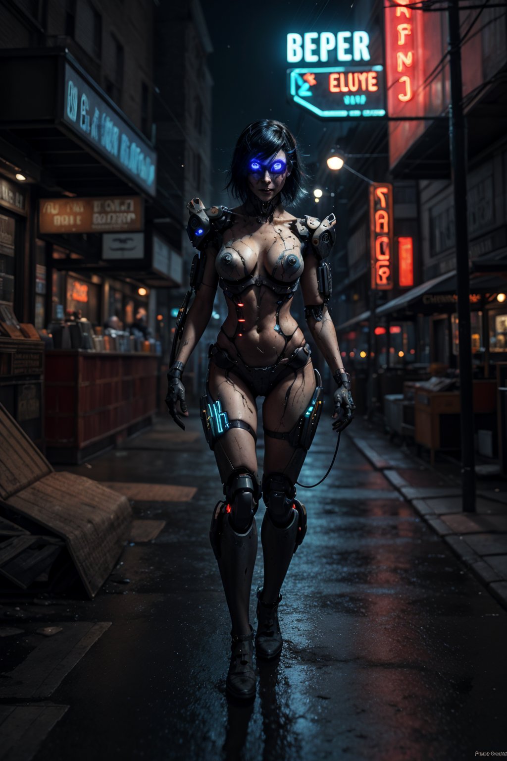 cute full body creezy neon and electric geometric creepy cyborg in neon city by paper quilling, Jean Baptiste Monge, Alberto Seveso, Jeremy Mann; maximalist, highly detailed, Intricate, concept art, splash art, natural lighting, deep complementary colors", Digital Illustration, Extreme Detail, Digital Art, 4k, Ultra Hd