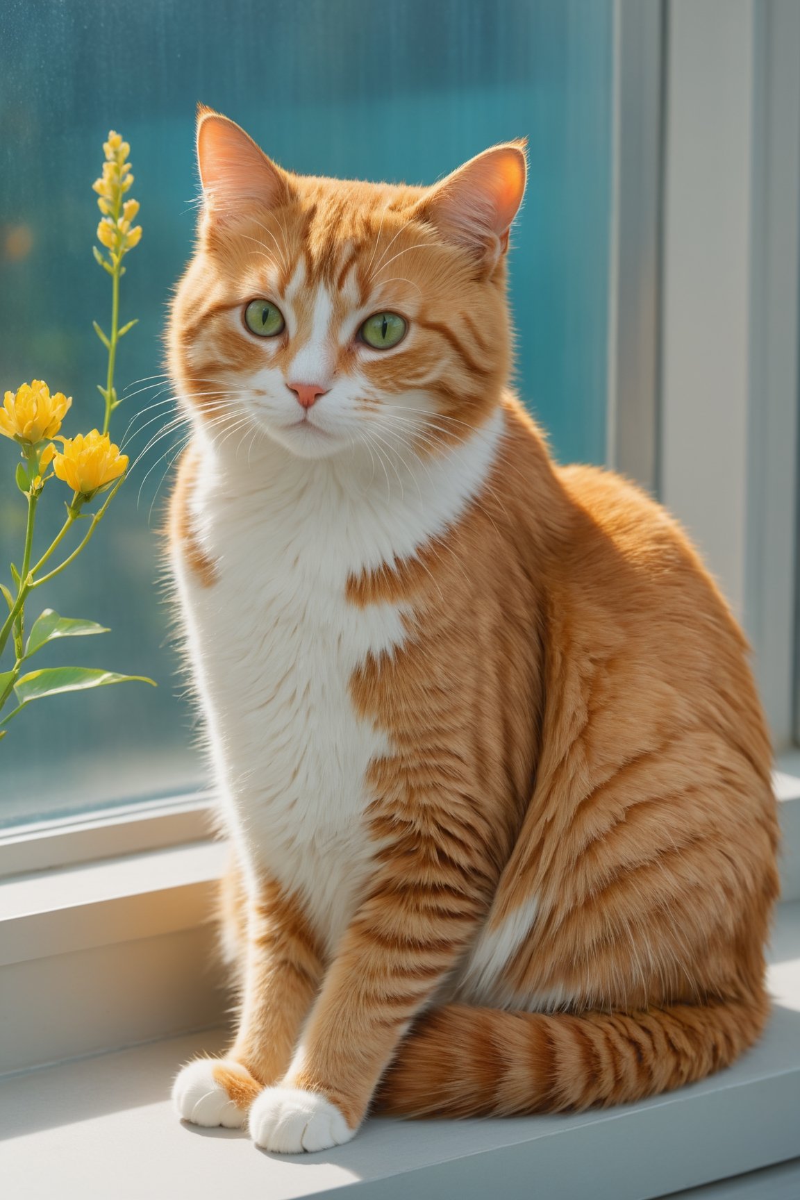 Anime style by Makoto Shinkai studio, close-up of cat sitting on the window sill, cool green foliage, blooming flowers, fantasy, big information, bright yellow, pastel blue, pastel pink, ocean blue teal, bright orange, green, white dominant color palette, acrylic, photography, HD, 4k, clarity, realistic, Ultra wide, wide angle, Cinematic, Ambient light, Light borders, Edge highlighting, chiaroscuro, high resolution, high contrast ratio, high detail, high texture, hyper-realistic high quality models, ultra high quality, golden ratio, pseudo details, pixiv fan box trending, acrylic palette knife, studio style makoto shinkai ghibli genshin impact james gilleard greg rutkowski chiho aoshima, Watercolor, trending on artstation, sharp focus, studio photo, intricate detail, very details, by ChiliKiri, Mysterious