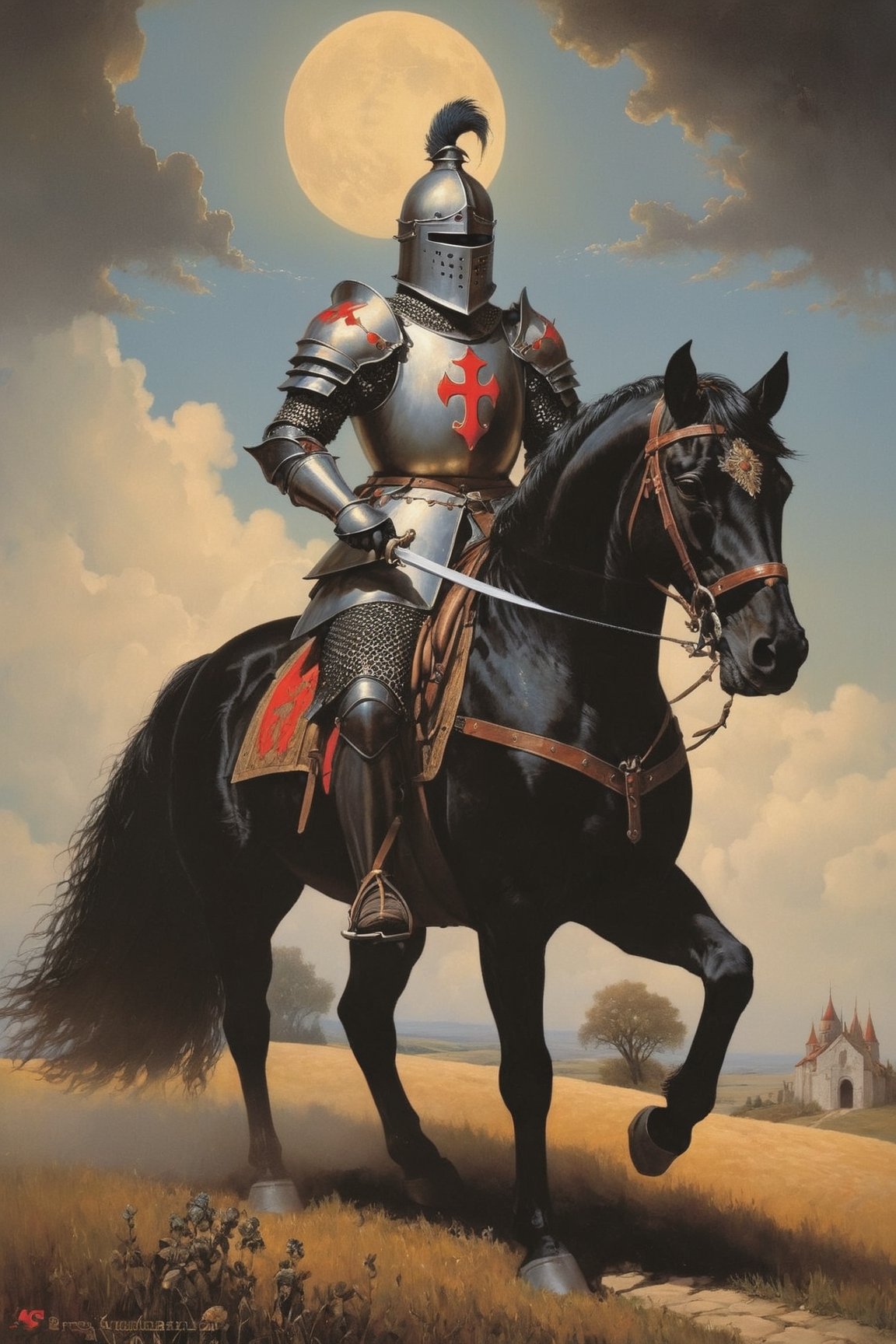 Medieval mythology: legendary in medieval lore, the enigmatic Black Knight embodies mystery, formidable prowess, and a guardian's unwavering commitment in timeless tales.,DonMM4g1cXL ,aw0k euphoric style, in the style of esao andrews