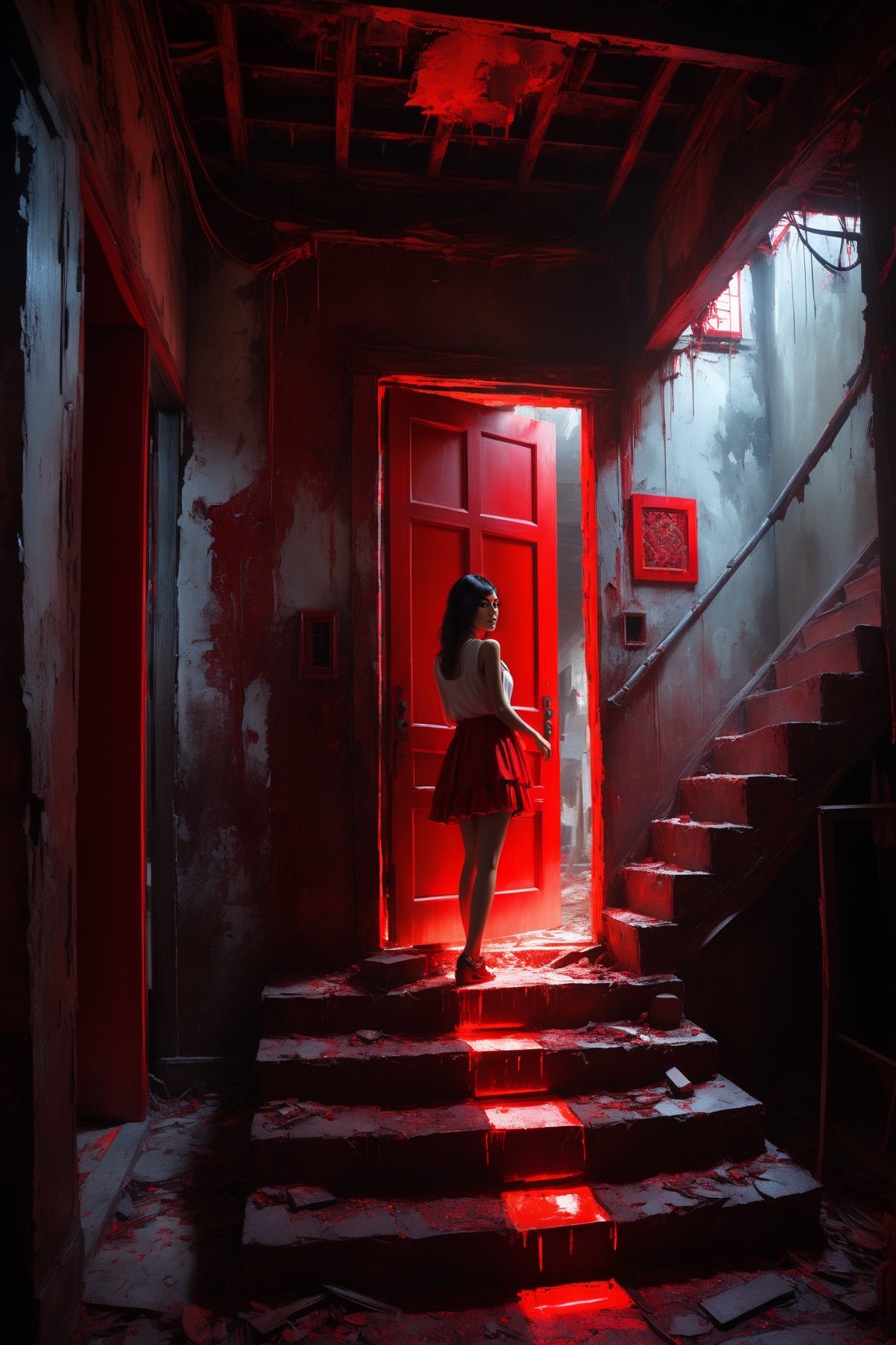 a ruined building with a red door and stairs sitting a Japanese girl, spectacular red lighting, red neon lights inside, red glow, haunted house interior, red and cinematic lighting, painting with acrylic paint with a Casey Baugh style spatula :