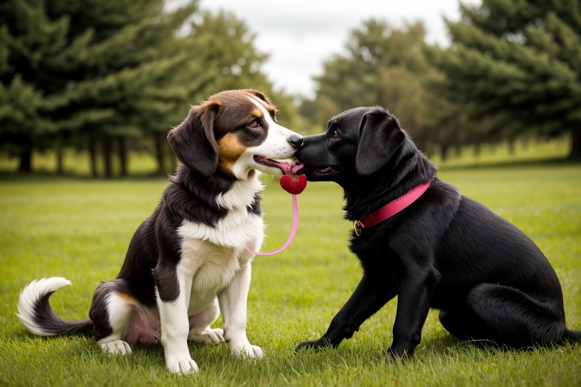 
background is grass,
baby dog, (they is kissing each other:1.3), one dogwas smile, another dogwas angry, one dogwas putted a vine into  another s mouth,