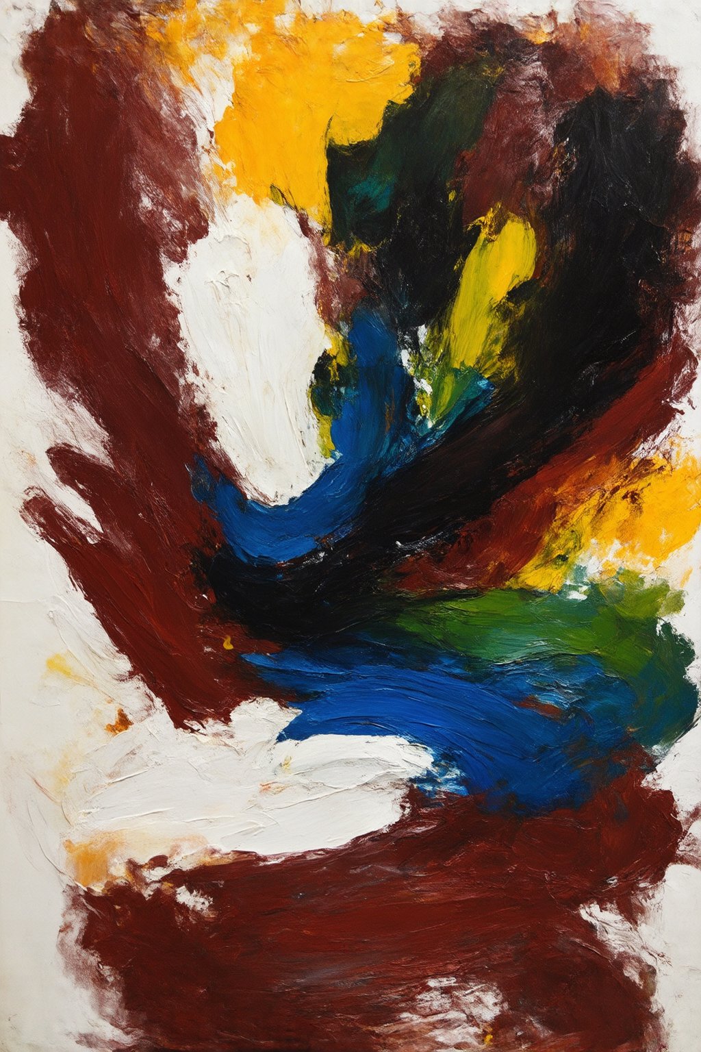 Dynamic, bold brushstrokes and accents of burnt sienna (a warm maroon, versatile and rich), cadmium yellow (vibrant highlights), ultramarine blue (depth and shadows) and sap green (a deep earthy green), as well as white and black. The composition prominently features a clearly defined demonic outline within abstract elements, with parts of the form intertwined with the abstract background. The painting balances filled areas of color with negative space to create a powerful visual and emotional impact. The abstract background blends perfectly with the forms, evoking movement and emotion and encouraging personal interpretation and reflection.