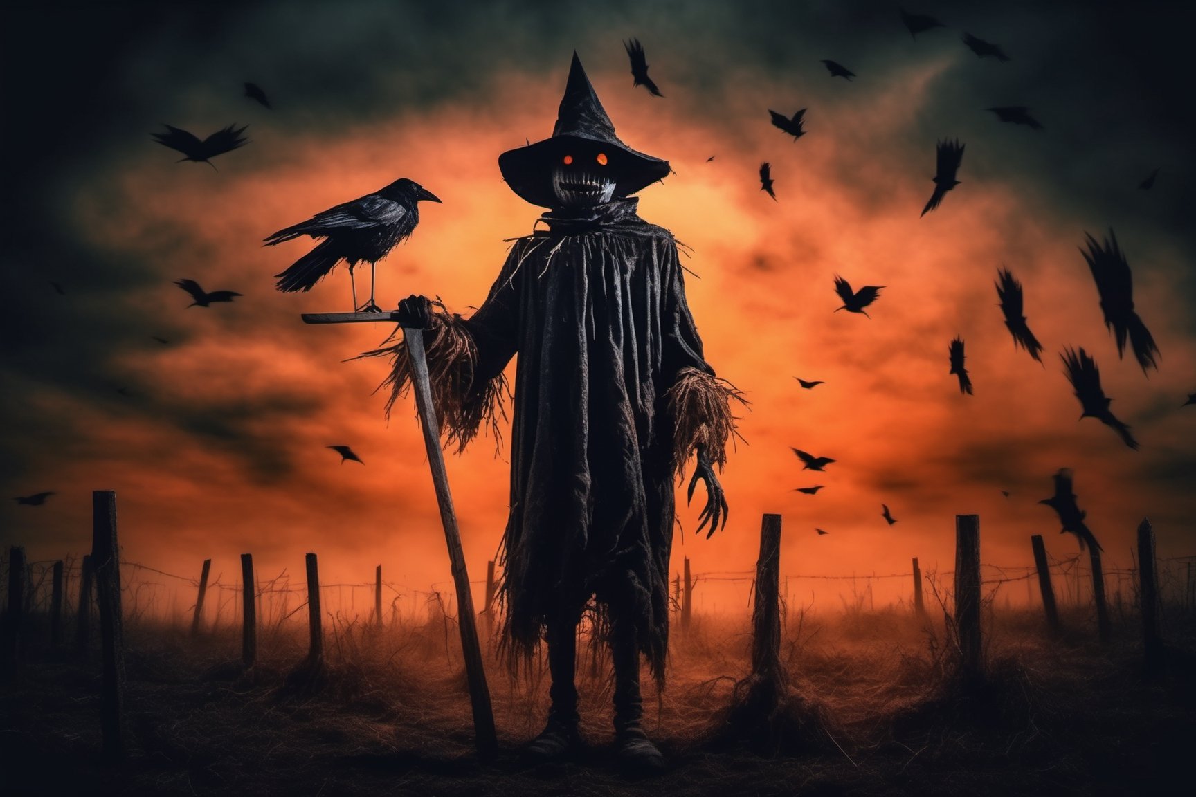 creepy full body scarecrow realistic with hatchet in hand at night foreboding background HD, flock of flying crows, tenebrism, strange, multi tonal orange and black gradient tumultuous sky, dark core, moderately controlled chaos, ghost core, Nicolas Samori
