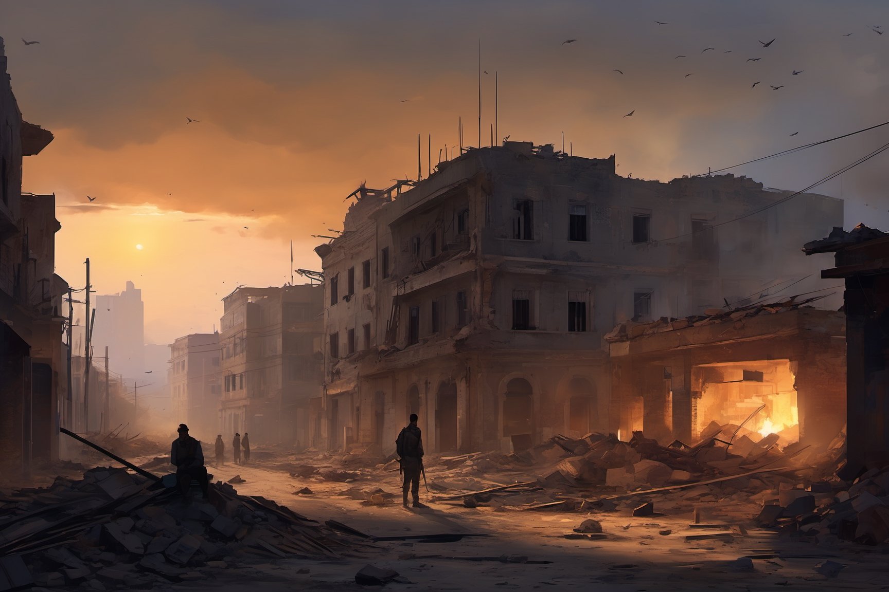 
Victims of war, a war-torn city at dusk, a resilient group of survivors rebuilding, amidst ruins and debris, a somber yet hopeful atmosphere, dim ambient lighting, capturing the essence of resilience and rebuilding, a skilled digital artist, blending realism and stylized elements, digital painting, illustrative style, emotional storytelling, warm color scheme with muted tones, computer graphics with attention to detail, high-quality production, evoking a sense of hope in adversity.