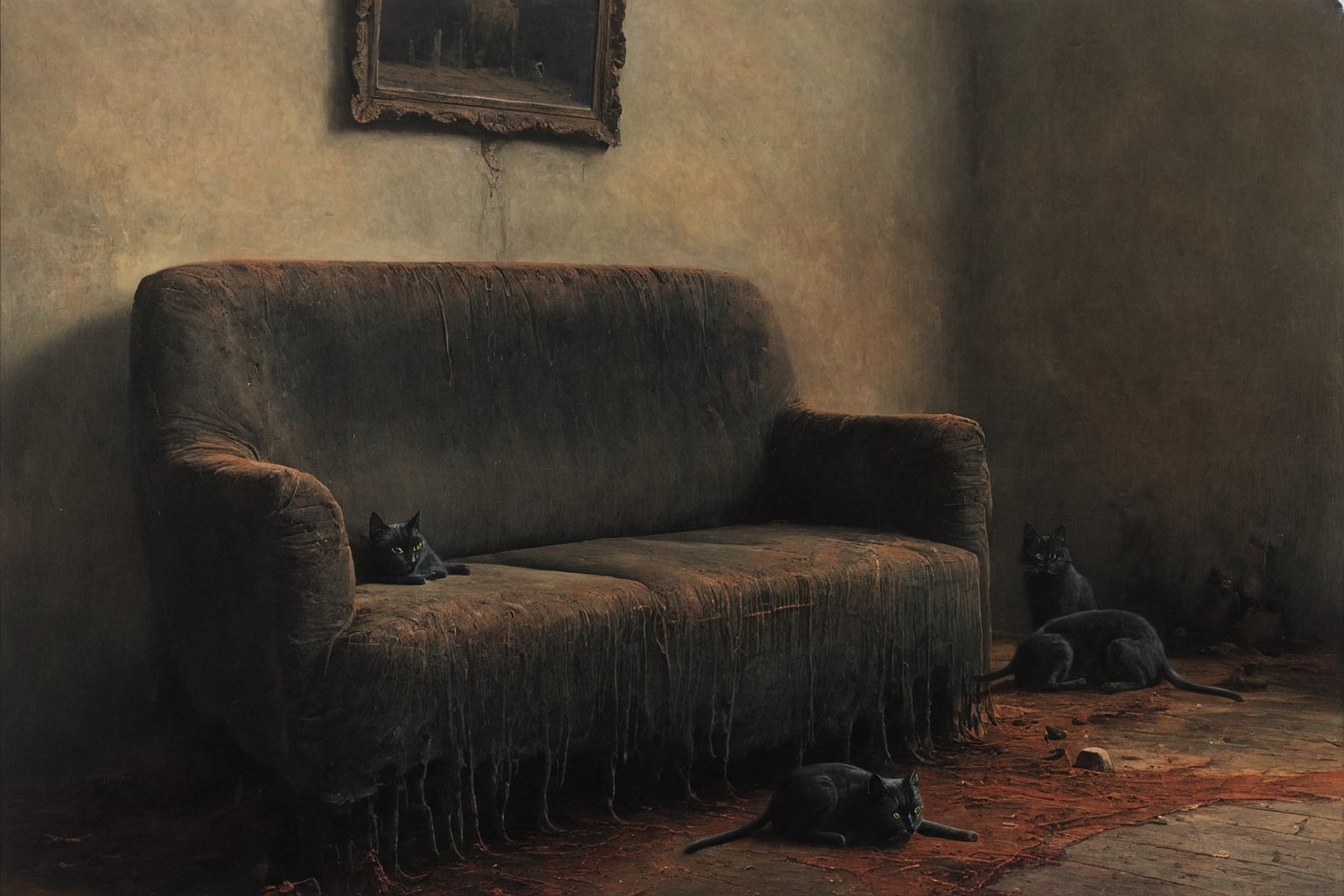 Abandoned house, tattered sofa, decaying cat, horror, Thai elements, dark scene, 8k, reality, hyperdetail, digital artwork by Beksinski