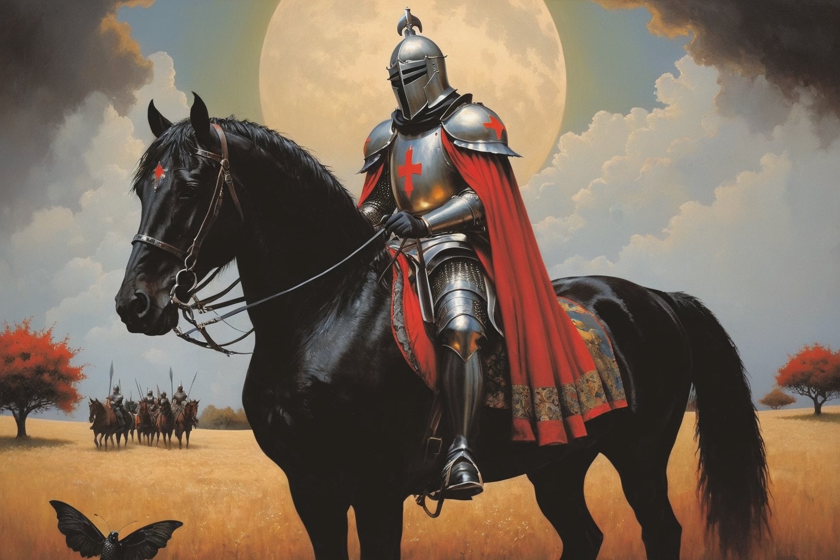 Medieval mythology: legendary in medieval lore, the enigmatic Black Knight embodies mystery, formidable prowess, and a guardian's unwavering commitment in timeless tales.,DonMM4g1cXL ,aw0k euphoric style, in the style of esao andrews,esao andrews style