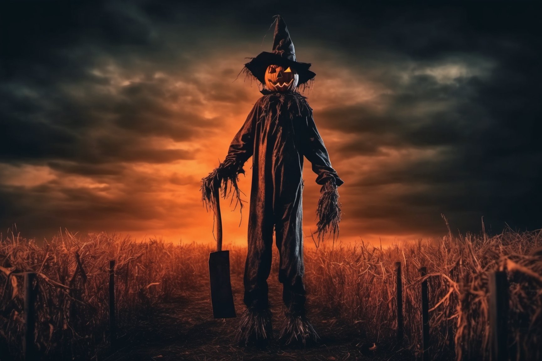 creepy full body scarecrow realistic with hatchet in hand at night foreboding background HD, tenebrism, strange, multi tonal orange and black gradient tumultuous sky, dark core, moderately controlled chaos, ghost core, Nicolas Samori