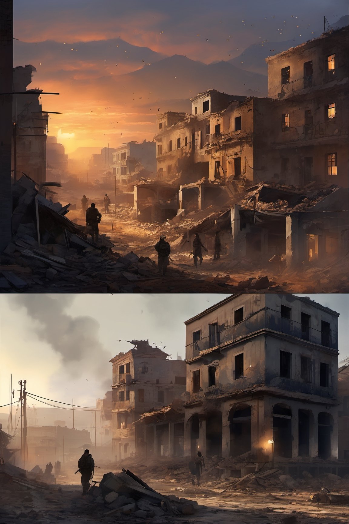 
Victims of war, a war-torn city at dusk, a resilient group of survivors rebuilding, amidst ruins and debris, a somber yet hopeful atmosphere, dim ambient lighting, capturing the essence of resilience and rebuilding, a skilled digital artist, blending realism and stylized elements, digital painting, illustrative style, emotional storytelling, warm color scheme with muted tones, computer graphics with attention to detail, high-quality production, evoking a sense of hope in adversity.